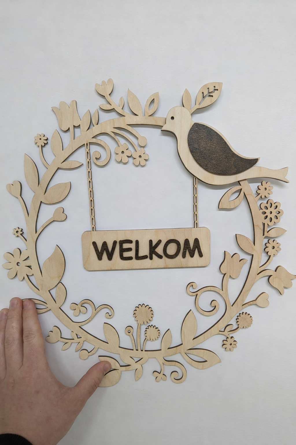 Houten Welkom Bord – Vogel & Bloemen